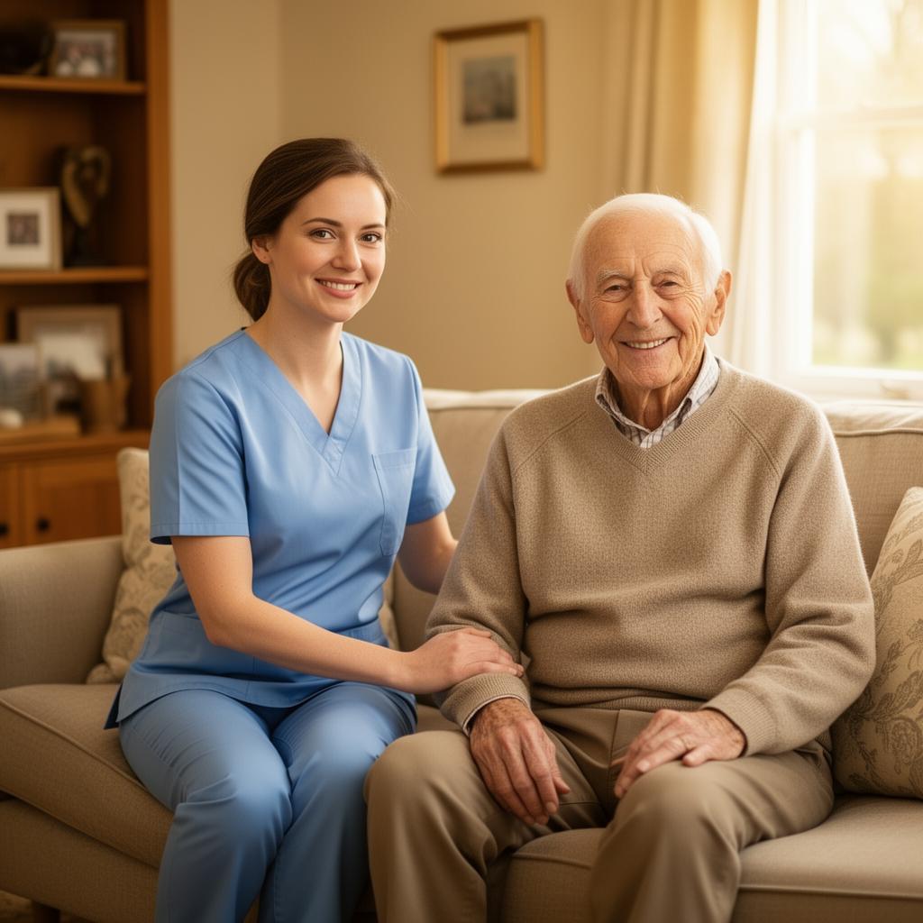 A home health nurse sitting with an elderly patient at home